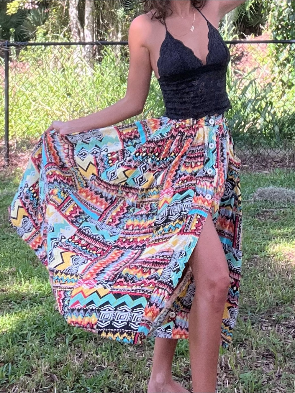 American Apparel XS Funky Print Button Down Maxi Skirt Made in USA